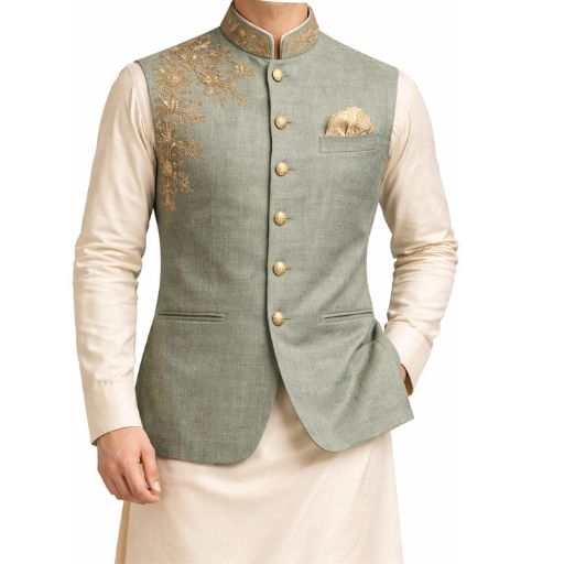 Sage Green Embroidered Nehru Jacket